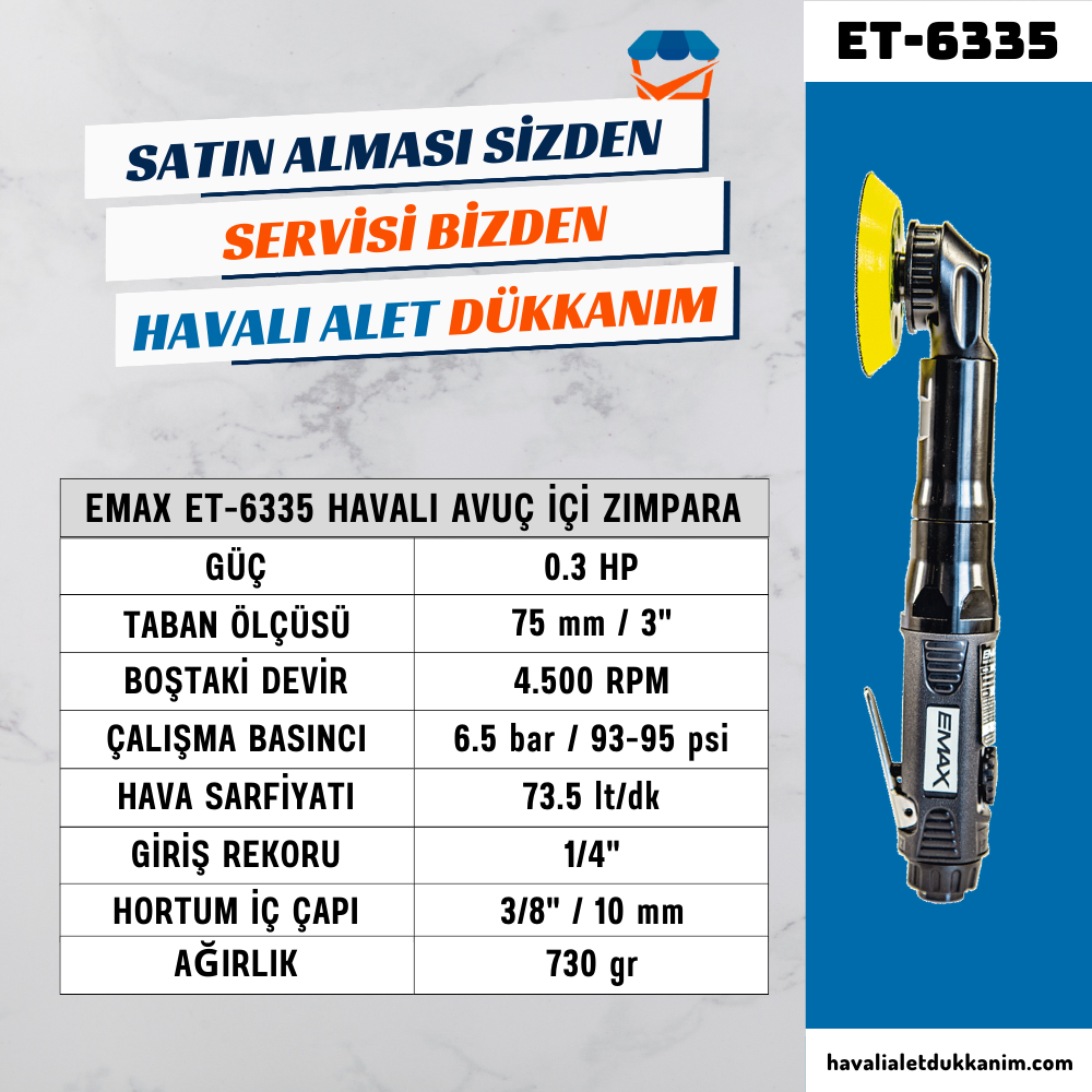 EMAX ET-6335 Havalı Avuç İçi Zımpara 75 mm