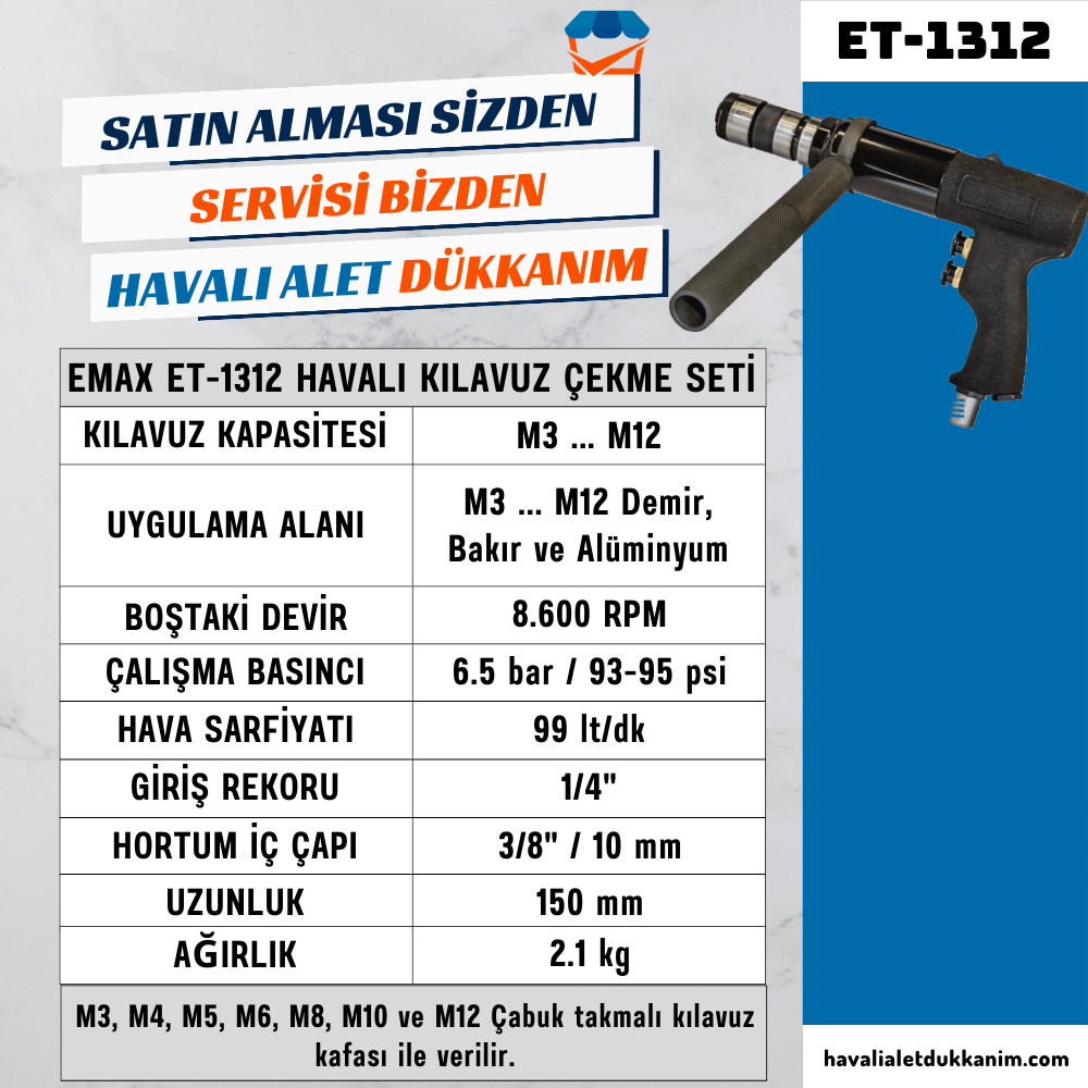 EMAX ET-1312 Havalı Kılavuz Çekme Seti M3-M12