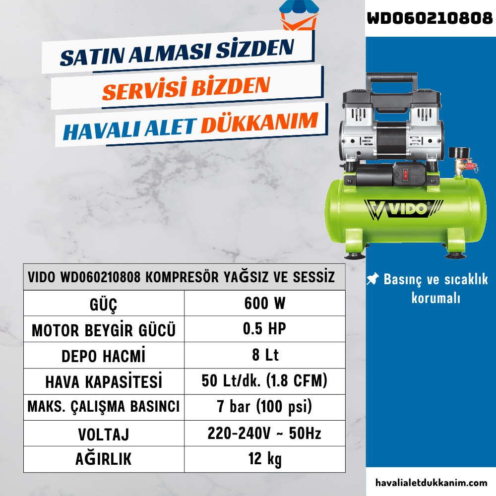 VIDO WD060210808 Kompresör Yağsız ve Sessiz 8 Lt