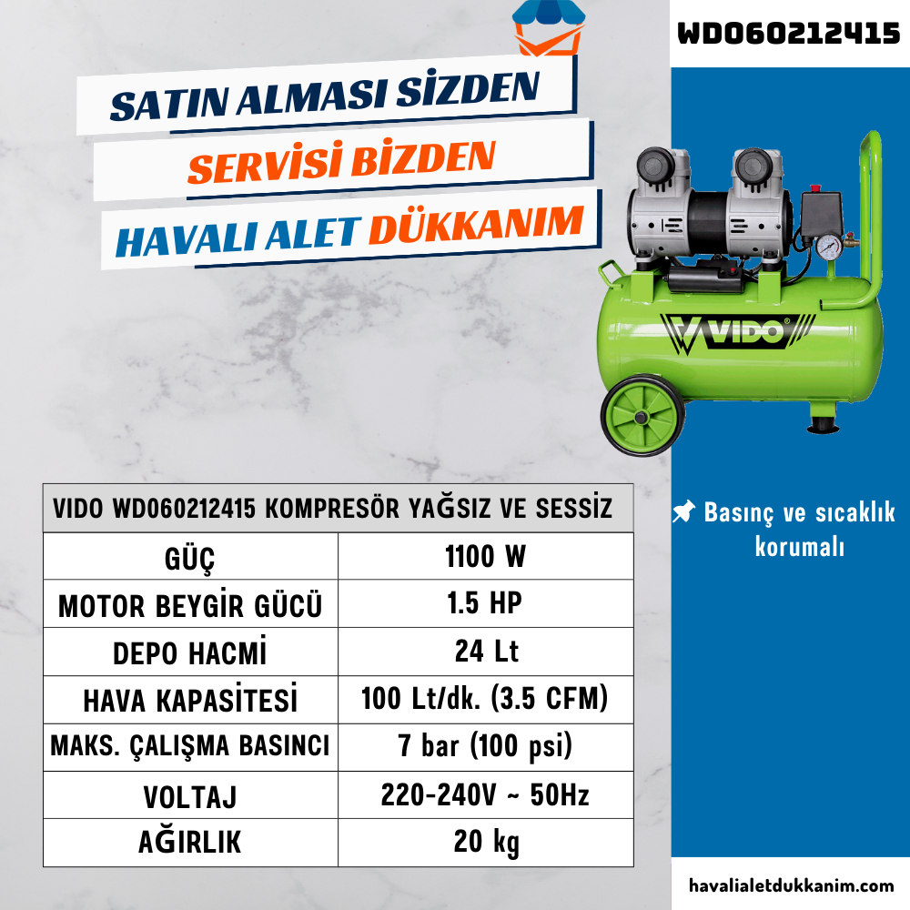 VIDO WD060212415 Kompresör Yağsız ve Sessiz 24 Lt