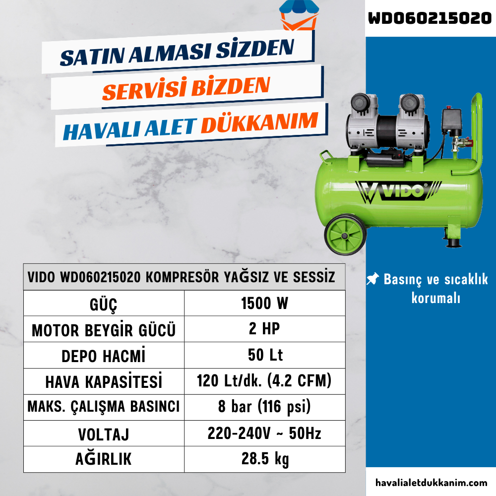 VIDO WD060215020 Kompresör Yağsız ve Sessiz 50 Lt