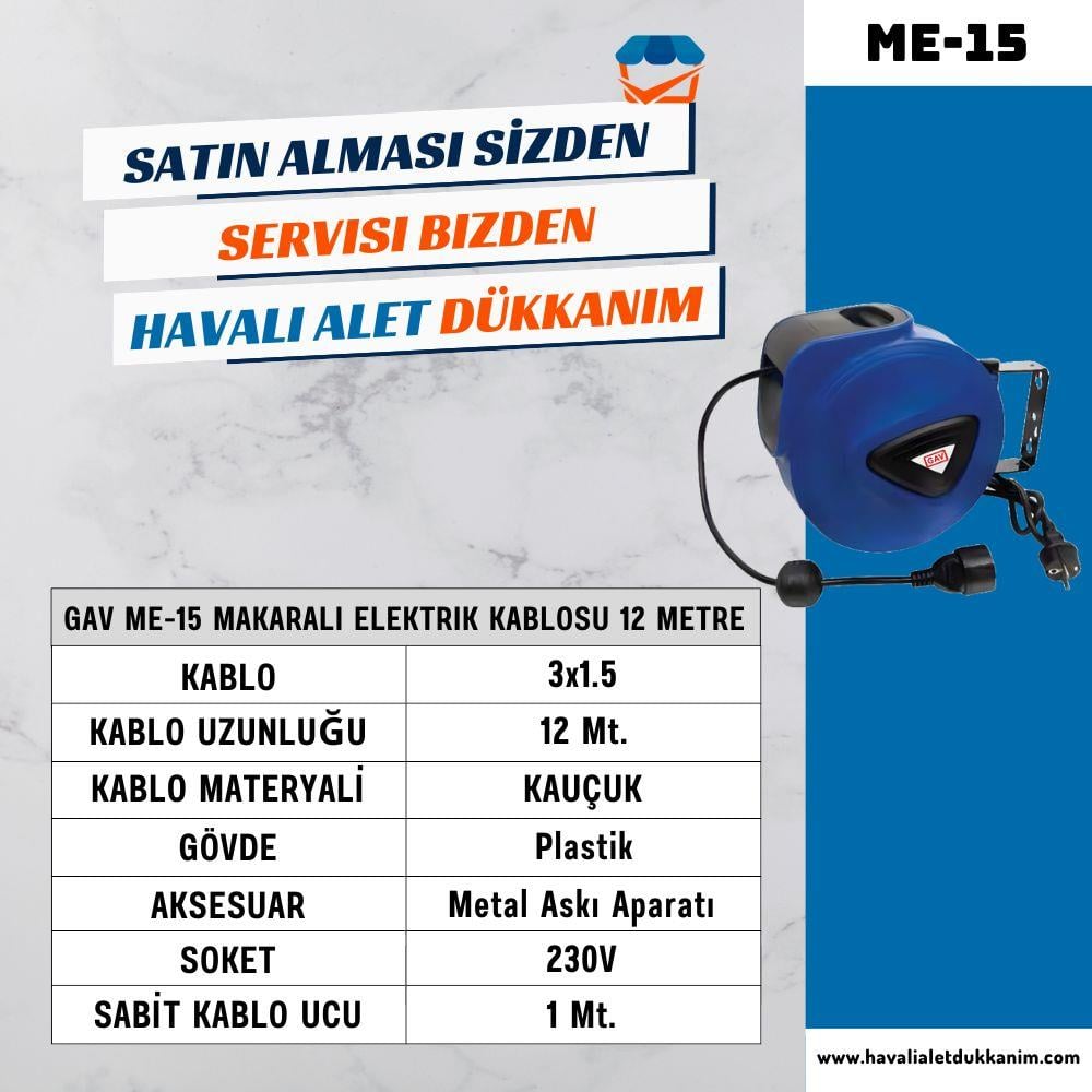 GAV ME-15 Makaralı Elektrik Kablosu 12 Metre