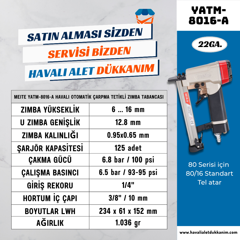 Meite YATM-8016-A Havalı Otomatik Çarpma Tetikli Zımba Tabancası 6-16 mm