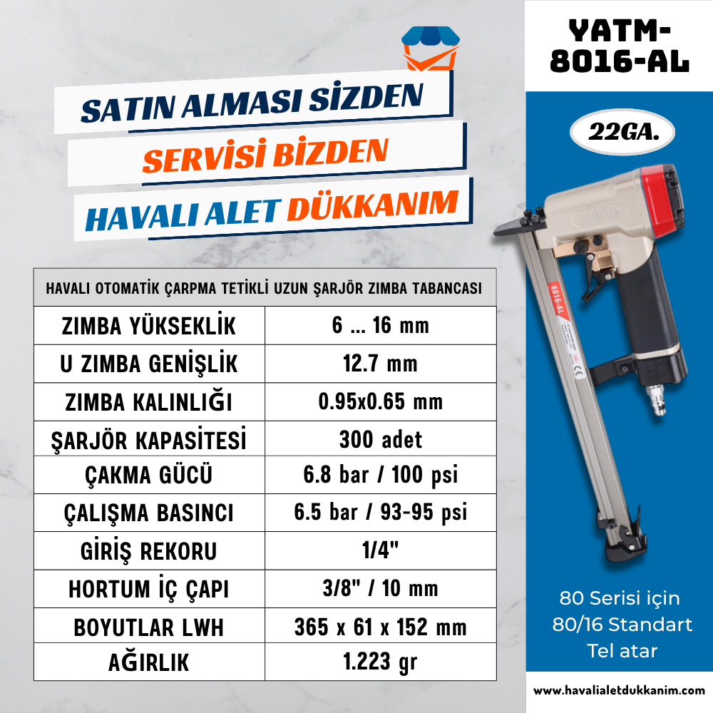 Meite YATM-8016-AL Havalı Otomatik Çarpma Tetikli Uzun Şarjör Zımba Tabancası 6-16 mm