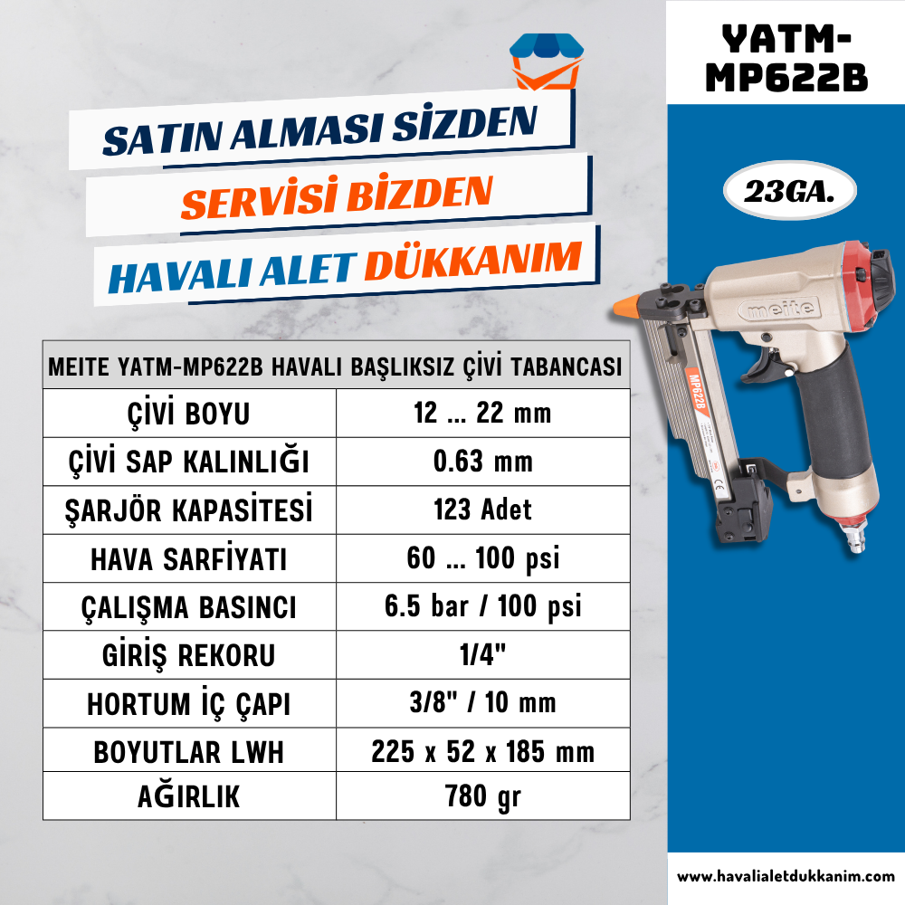 Meite YATM-MP622B Havalı B Tipi Başlıksız Çivi Çakma Tabancası 20 mm