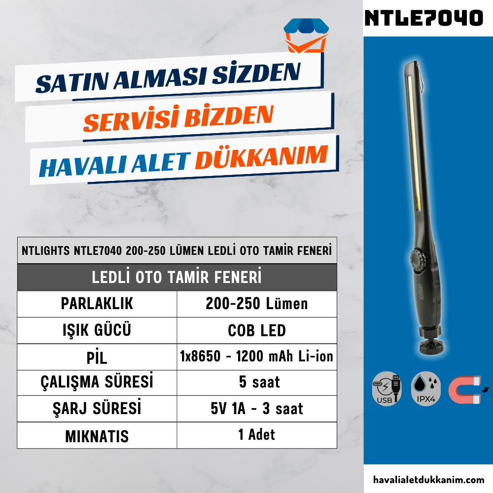 NT Lights NTLE7040 200-250 Lümen Ledli Oto Tamir Feneri