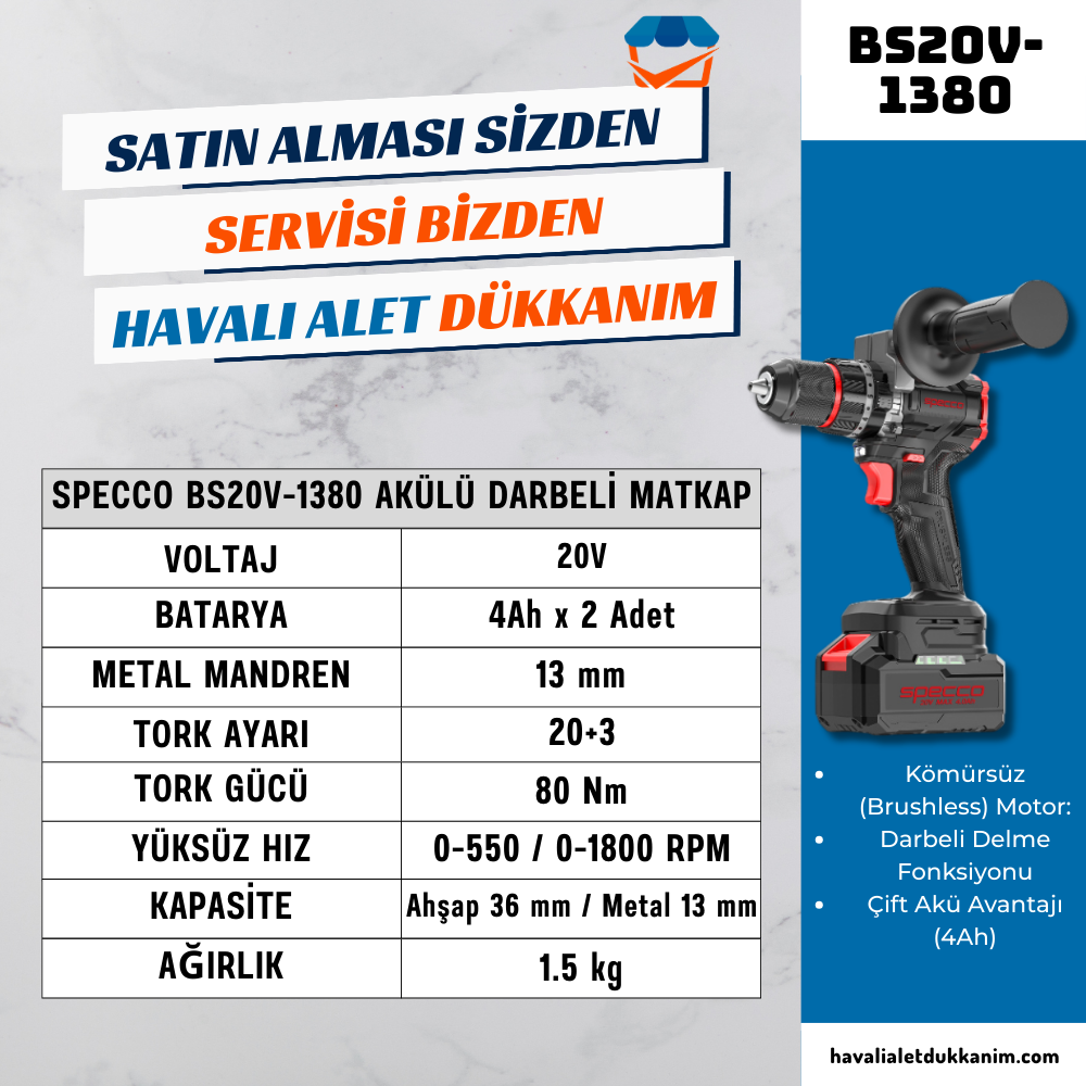 SPECCO BS20V-1380 Akülü Darbeli Matkap 80 Nm x2 Akü