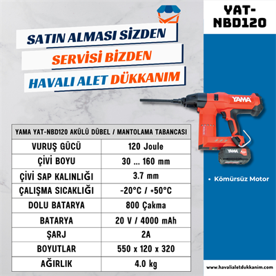 YAMA YAT-NBD120 Akülü Dübel / Mantolama Tabancası 120 Joule Kömürsüz Motor