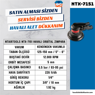 NTAirTools NTX-7151 Havalı Kendinden Vakumlu Orbital Zımpara 125 / 150 mm Uyumlu