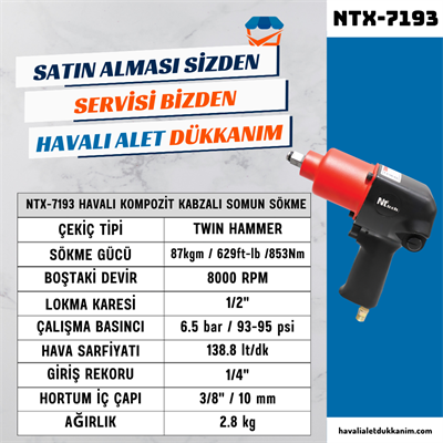 NTAirTools NTX-7193 Havalı Kompozit Kabzalı Somun Sökme 1/2