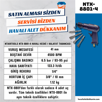 NTAirTools NTX-8801-4 Keski / Kalafat Tabancası 150 mm 4 Uç İle Birlikte