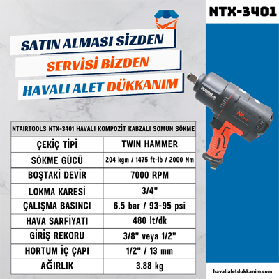 NTAirTools NTX-3401 Havalı Kompozit Kabzalı Somun Sökme 3/4