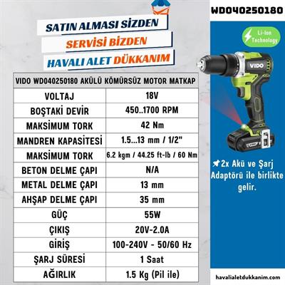 VIDO WD040250180 Kompakt Kömürsüz Motor Matkap ve Vidalama 18V