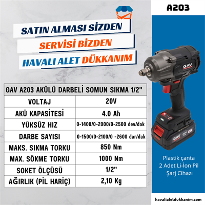 GAV A203 Akülü Darbeli Somun Sıkma 1/2