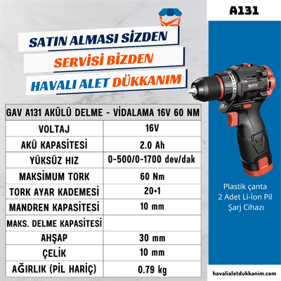 GAV A131 Akülü Delme - Vidalama 16V 60 Nm