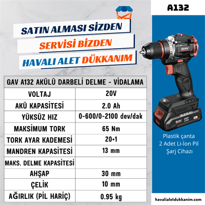 GAV A132 Akülü Darbeli Delme - Vidalama 20V 65 Nm
