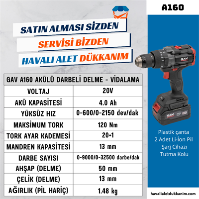 GAV A160 Akülü Darbeli Delme - Vidalama 20V 120 Nm