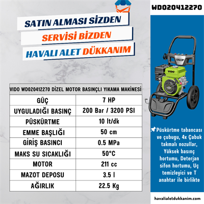 VIDO WD020412270 Dizel Motor Basınçlı Yıkama Makinesi 7 HP