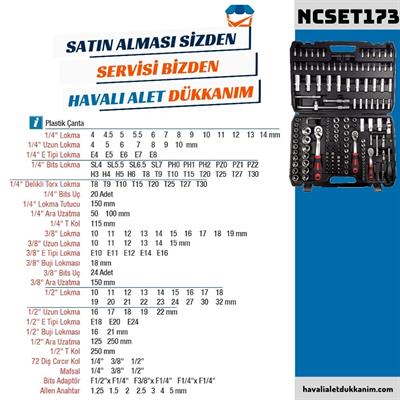 NT Tools NCSET173 173 Parça 1/4, 3/8 ve 1/2 CrV Bits & Altı Köşe Lokma Seti