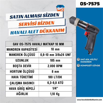 GAV OS-7575 Havalı Matkap 10 mm
