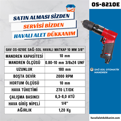 GAV OS-8210E Havalı Matkap Sağ-Sol 10 mm 3/8