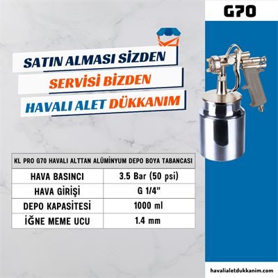 KL PRO G70 Havalı Alttan Alüminyum Depo Boya Tabancası 1.4 mm