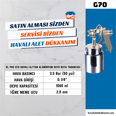 KL PRO G70 Havalı Alttan Alüminyum Depo Boya Tabancası 2.0 mm