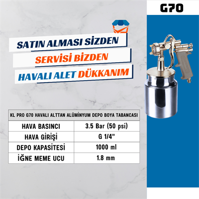 KL PRO G70 Havalı Alttan Alüminyum Depo Boya Tabancası 1.8 mm