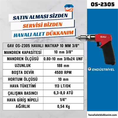 GAV OS-2305 Havalı Matkap 10 mm 3/8”