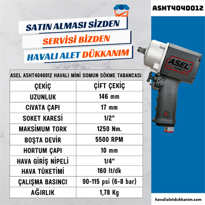 ASEL ASHT4040012 Havalı Mini Somun Sökme Tabancası 1/2