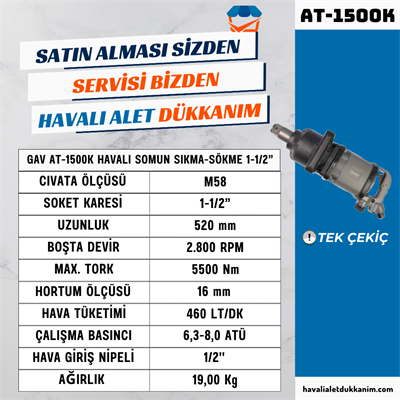 GAV AT-1500K Havalı Somun Sıkma-Sökme 1-1/2” Kısa