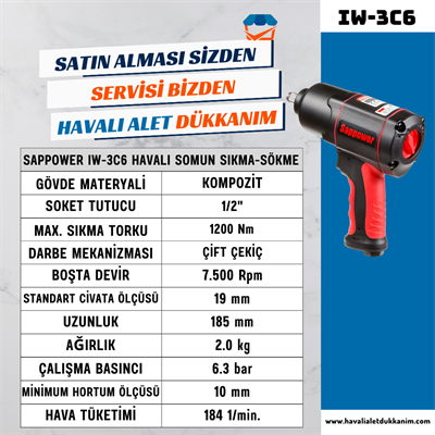 SAPPOWER IW-3C6 Havalı Somun Sıkma-Sökme 1/2