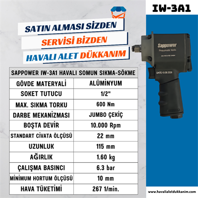SAPPOWER IW-3A1 Havalı Somun Sıkma-Sökme 1/2