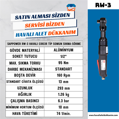 SAPPOWER RW-3 Havalı Cırcır Tip Somun Sıkma-Sökme 1/2