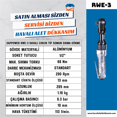 SAPPOWER RWE-3 Havalı Cırcır Tip Somun Sıkma-Sökme 1/2