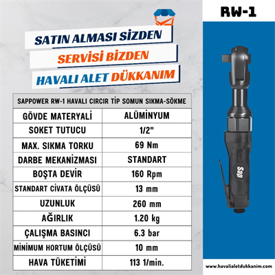 SAPPOWER RW-1 Havalı Cırcır Tip Somun Sıkma-Sökme 1/2