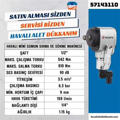 Würth 57143110 Havalı Mini Somun Sıkma ve Sökme Makinesi 1/2