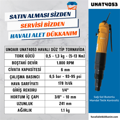 Unoair UNAT4053 Havalı Dıştan Tork Ayarlı Düz Tip Tornavida 6 mm