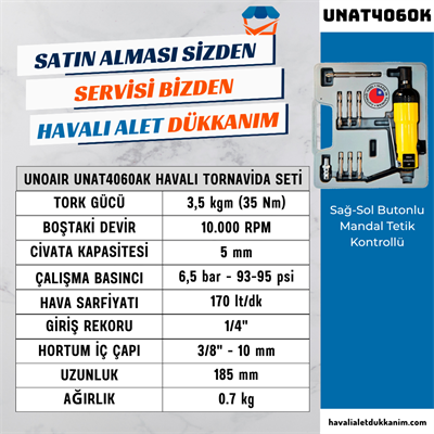 Unoair UNAT4060AK Havalı Tornavida Seti