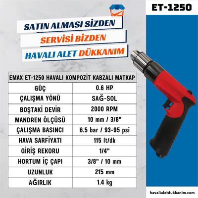 EMAX ET-1250 Havalı Kompozit Kabzalı Matkap 10 mm
