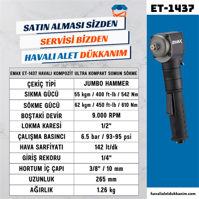 EMAX ET-1437 Havalı Kompozit Ultra Kompakt Somun Sökme 1/2