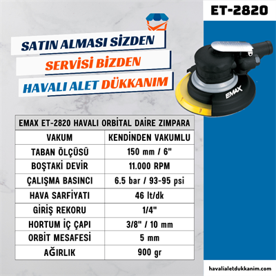 EMAX ET-2820 Havalı Orbital Daire Zımpara Kendinden Vakumlu 150 mm