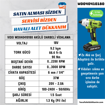 VIDO WD040410180 Akülü Darbeli Vidalama 18V 2x Akü