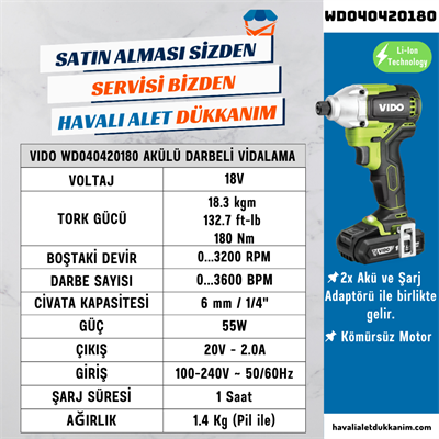 VIDO WD040420180 Akülü Kömürsüz Motor Darbeli Vidalama 18V 2x Akü