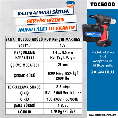 YAMA TDC5000 Akülü Kömürsüz Motor Pop Perçin 2.4-5.0 mm 18V