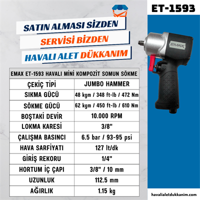EMAX ET-1593 Havalı Mini Kompozit Somun Sökme 3/8