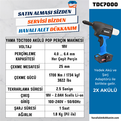 YAMA TDC7000 Akülü Kömürsüz Motor Pop Perçin 4.0-6.4 mm 18V