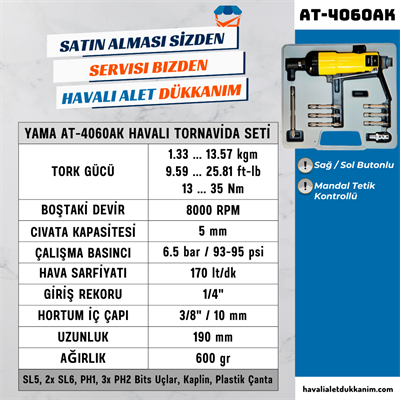 YAMA AT-4060AK Havalı Tornavida Seti Düz Tip 5 mm