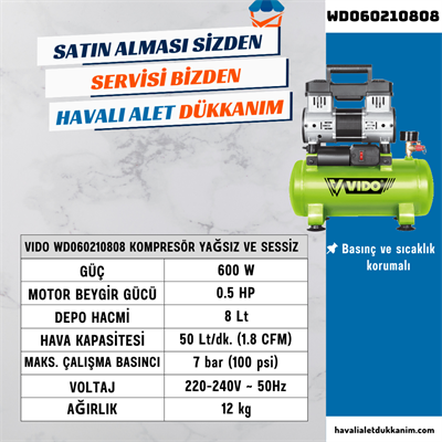 VIDO WD060210808 Kompresör Yağsız ve Sessiz 8 Lt