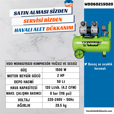 VIDO WD060215020 Kompresör Yağsız ve Sessiz 50 Lt